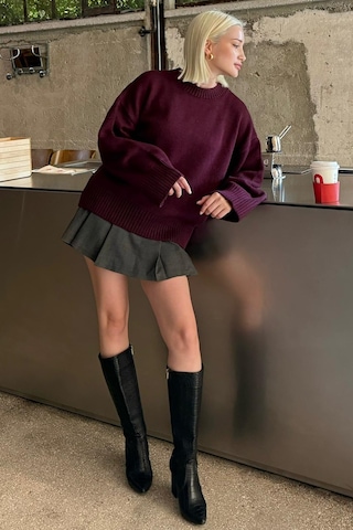 Mürdüm Bisiklet Yaka Oversize Triko Kazak Mg1972 Mürdüm