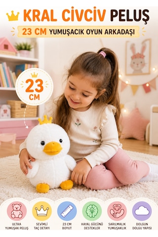 23 Cm Taçlı Beyaz Civciv Peluş Oyuncak Yumuşak Dolgulu Sevimli Çocuk Oyun Arkadaşı Dekor