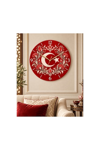 Türk Bayraklı Ay Yıldız Desenli 45 Cm Ahşap Sessiz Akar Mekanizmalı Uv Baskılı Dekoratif Duvar Saati Hediyelik 1078 Çok Renkli