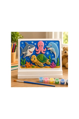 3d Suya Dayanıklı Mermer Tozu Boyama Seti Standlı Deniz Canlıları Çocuk Boyama Tablosu 18x13 Cm Boya Emmez, Özel Formül