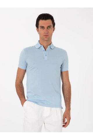 Buz Mavisi Slim Fit Polo Yaka Pamuklu Basic T-shirt Acık Mavı