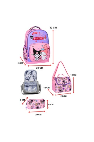 3 Lü İlkokul Kuromi Melody Baskılı Pembe, Kız Çocuk Beslenmeli Ve Kalemlikli Okul Çantası Pembe