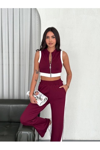 Osy Modal Yumuşak Dokulu Kumaş Tam Fermuarlı Crop Pantalon İkili Takım - Bordo Karışık