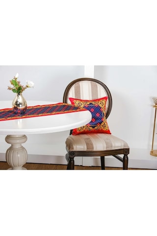 Belize Baskılı Saten Kumaş Kırmızı Siyah Runner Kırlent Set 3 Prç. 135x50 Cm 1378 Kırmızı