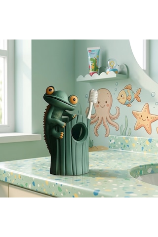 Sevimli Kertenkele Çocuk Diş Fırçalık 3d Baskı Diş Fırçası Standı Banyo Düzenleyici Koyu Yeşil