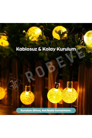 Robeve 7 Metre 50 Led Güneş Enerjili Kristal Küre Solar Bahçe Aydınlatma Dış Mekan Aydınlatma Güneş Enerjili Aydınlatma 8 Modlu, Ip65 Su Geçirmez, Otomatik Aç/kapa, Bahçe, Balkon Gün Işığı Sarı