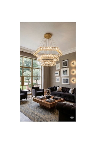 Kristal Taşlı Led Avize Modern Lüks Sarkıt 3 Renk Kumandalı Altıgen Salon Villa Avizesi Altın