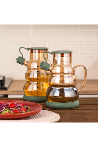 Porsima 3617 Kapaklı Borosilikat Cam 2li Yağlık Sirkelik Seti Yağdanlık Takımı 1000ml Yeşil Yeşil