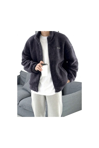 Genius Store Oversize Tam Fermuarlı Kuzu Sweatshirt İçi Polarlı Sherpa Kumaş Sweatshirt Füme