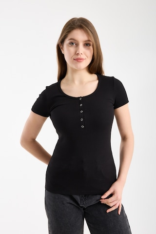 Hdm Kadın Esnek Fitilli Yakası Çıtçıtlı Siyah Kısa Kol Basic Örme Bluz - H5993-54 Siyah
