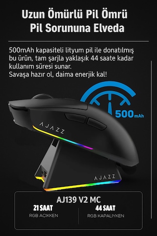 Aj139 V2 Mc 24.000 Dpı Paw3311 Ultra Hafif 3 Modlu Oyuncu Mouse - 500mah Batarya Diğer