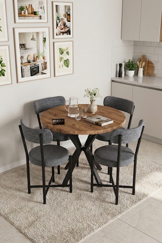 Mutfak Masası 4 Sandalyeli Set 90 Çap Yuvarlak Cafe Balkon Ofis Masa Yemek Takımı Teddy 9861 Antrast Gri
