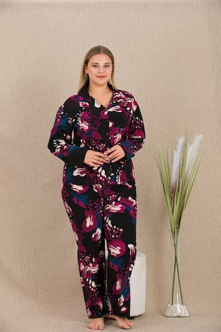 Naam Büyük Beden Renkli Desenli Düğmeli Uzun Kol Viskon Pijama Takımı Çok Renkli