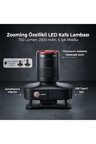Bix Bxt1fl Şarj Edilebilir 10w Kafa Feneri 750 Lümen, 2500 Mah, 4 Işık Modlu Zooming Özellikli Led Kafa Lambas Genel