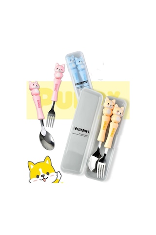 Mavi Renk Kedi Figürlü Premium Çocuk Bpa Free Paslanmaz Çelik Uçlu Çatal-kaşık Set 24+ Ay