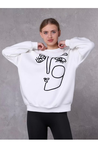 Farm Animals Face Baskılı Kadın  Sweat Kazak Beyaz