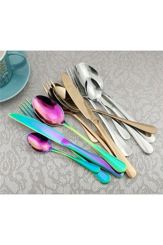 Agoodshop Altın Gümüş 4 Adet Yemek Takımı Seti Paslanmaz Çelik Renkli Gökkuşağı Çatal Bıçak Takımı Gümüş
