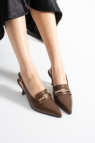 Dericia Shoes Infinity Hakiki Deri Kadın İnce Topuklu Arka Açık Ayakkabı Kahverengi