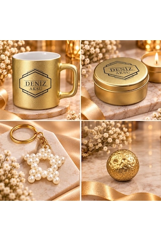 Bk Gift Kişiye Özel İsimli Gold Kahve Fincanı & Mum & Mdf Altlıklı Dekor & Anahtarlık - Hediye Kutulu Gold Set-3