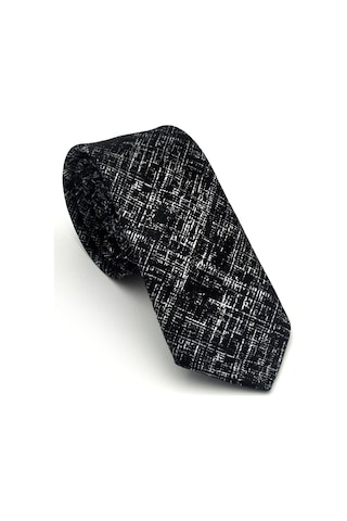 Gaffy Beyaz Kırcıl Desenli Siyah Dokuma Kumaş Mendilli Slim Fit Kravat // Sdk-2610-1 Siyah