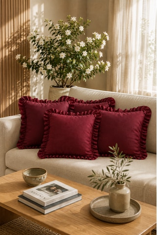 4 Lü Bordo Fırfırlı Dekoratif Kırlent Kılıfı %100 Pamuk 45x45 Cm