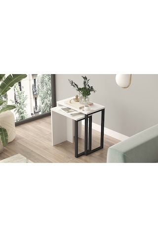 Robin Home Lidya 2'li Zigon Sehpa Yan Sehpa Metal Ayaklı Beyaz