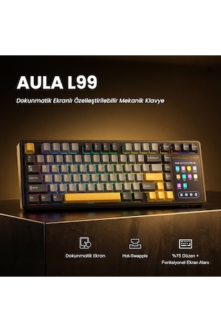 Aula L99 4" Akıllı Dokunmatik Ekranlı 3 Modlu RGB Hot Swap Caramel Latte Switch Mekanik Kablosuz Oyuncu Klavyesi Kırmızı