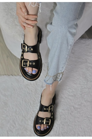 Asmi Shoes Kadın Çift Bant Kapsül Detaylı Kalın Taban Ortopedik Terlik Siyah Siyah