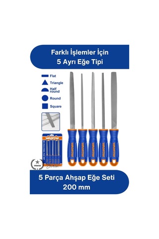Eğeseti 5 Parça Metal Eğe Seti 200 Mm Karbon Çelik Orta Pürüzlü Düz Yuvarlak Yarım Yuvarlak Kare Üç
