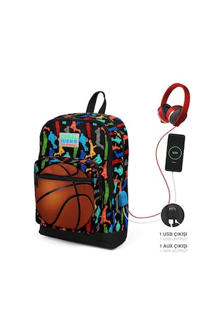 Coral High Basketbol Usb Soketli Okul Çantası ve Beslenme Çantası Seti Siyah - Turuncu