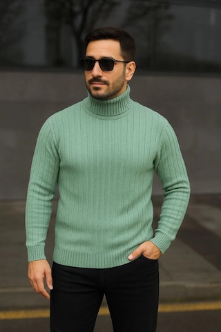 Efnaz Style Erkek Balıkcı Yaka Bağazlı Triko Kazak Pamuklu Kalın Fitilli Dokuma, Regular Fit Uzun Kollu Kışlık Model - Mint Yeşili