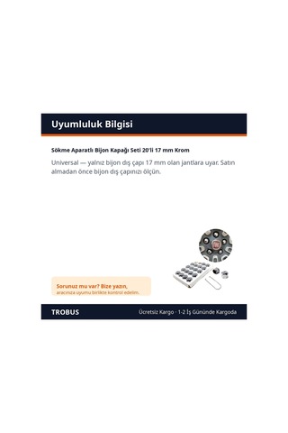 Trobus Sökme Aparatlı Bijon Kapağı Seti 20'li 17 Mm Krom