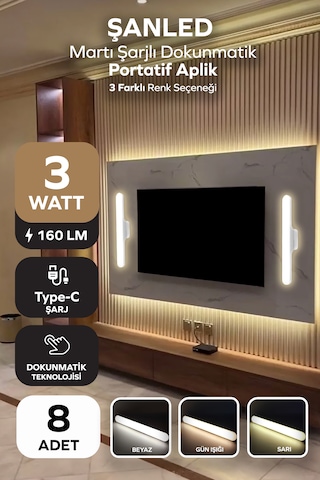 Şarjlı Mıktantıslı Işık Micro Usb Kablosuz Led 3 Farklı Işık Martı Aplik - 8 Adet Beyaz