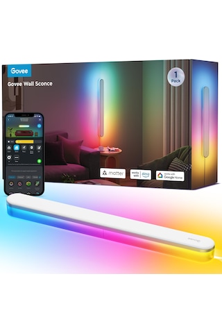 Govee Rgbıcw İç Mekan Duvar Lambası, Matter, Alexa Ve Google Assistant İle Uyumlu Akıllı Duvar Lambası, 1200lm Led Duvar Lambası, Müzik Senkronizasyonu, Oturma Odası, Merdivenler, Koridor İçin Dolaylı Aydınlatma, 1 Parça Siyah