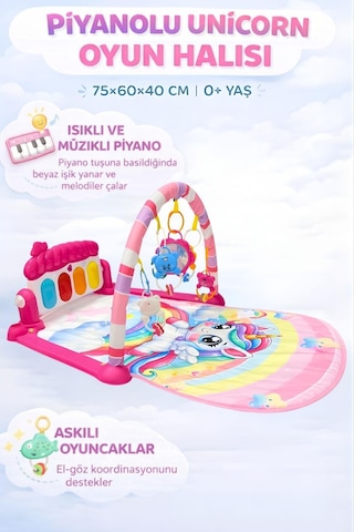 Piyanolu Unicorn Desenli Bebek Oyun Halısı 0+ Ay, Hayvan Figürlü Işıklı ve Müzikli Gelişim Matı