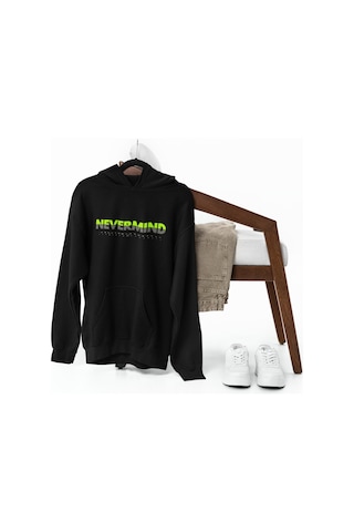 Nevermınd Unisex Yazı Baskılı Oversize Baskılı Kapşonlu Sweatshirt 3 Iplik Siyah Siyah