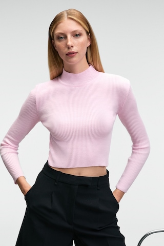 Grimelange CALIDA Kadın Dik Yaka Fitilli Görünümlü Slim Fit Triko Pembe Kazak