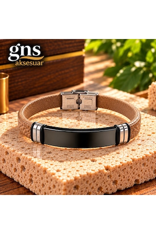 2 Farklı Renk Bir Arada Deri Çelik Mixli Şık Trend Model Erkek Çelik Bileklik 21,5 Cm Krem
