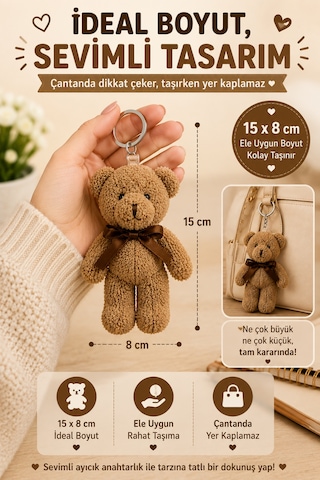 1 Adet Kahverengi Peluş Ayıcık Anahtarlık 15x8 Cm Çanta Sırt Çantası Anahtar Aksesuar Sevimli Fiyonk