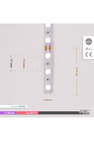 ACK Üç Çip 60 LED li Şerit LED 6500K Beyaz Işık 12V 14.4W 5m