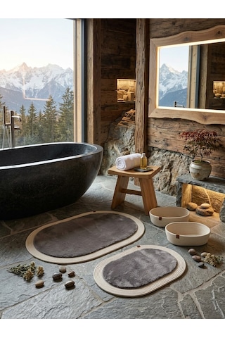 Senza Atelier Lüks 4 Lü Banyo & Antre Seti Krem Halat Çerçeveli, Gri Peluş Dokulu Paspas Takımı Ve 2 Li Sepet Açık Gri - Antrasit