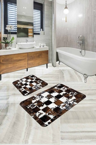 Kahve Deri Görünümlü Banyo Halısı Klozet Paspas Seti Bs330n11 Kahverengi