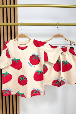 Monila Erkek Çocuk Pamuklu Domates Baskılı T-shirt Ve Şort Alt Üst Takım Taş