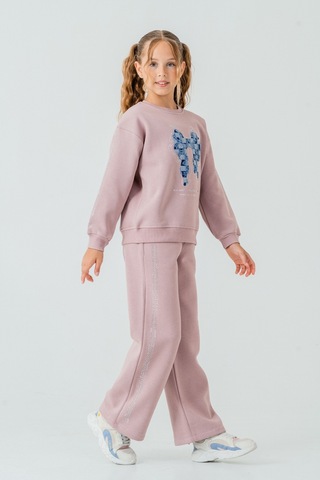 Kız Çocuk Fiyonk Nakışlı Taşlı 3 İplik Kalın Kışlık Eşofman Takımı Ak4222 Pudra