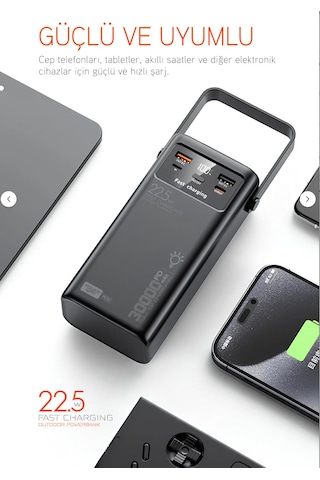 30.000 Mah 22.5w Kamp Powerbank Çift Led Fenerli Hızlı Şarj Pd30 siyah