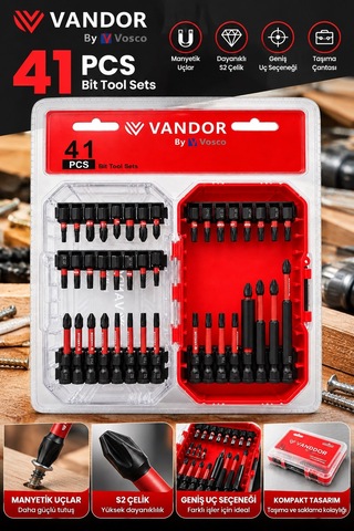 Vandor 41 Parça Vidalama Bits Ucu Seti Manyetik Tornavida Uçları Lokma Ve Uzun Bits Takımı