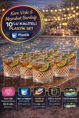 10 Lu Kare Desenli Plastik Viski Bardağı I Sert Şeffaf Kokteyl Meşrubat Bardak Parti 220 Cc
