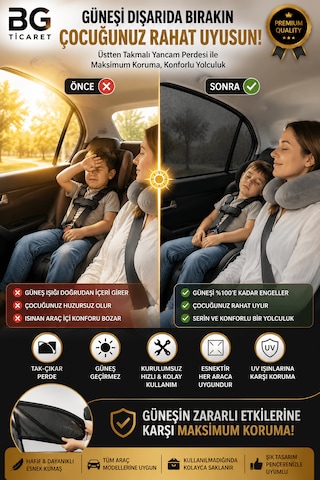 2 Adet Oto Güneşlik Perde Araba Yan Cam Perdesi Güneş Önleyici Araç Içi Güneşliği Yancam Standart