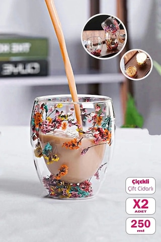 2'li Çift Cidarlı Çiçekli Bardak Çay Kahve Sunum Bardağı Set 250ml El Yapımı Flower Cup Borosilikat