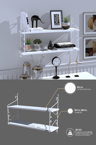 Decormet Seramoni Raf Seti 2 Raflı 200 720 Metal Beyaz+ahşa Beyaz